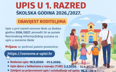 Obavijest roditeljima djece koja kreću u prvi razred osnovne škole u školskoj godini 2026./2027.